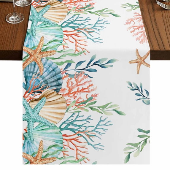 Table Runners 72 Inches Long Dress Scarves, Marine Life Farmhouse Kitchen/Dining Table Runner, Coffee Tablerunners, Nautical Underwater Coral Shell Starfish Watercolor 14x72 Inch