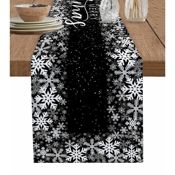 Table Runners 72 Inches Long Dress Scarves, Merry Christmas Farmhouse Kitchen/Dining Table Runner, Coffee Tablerunners, Winter Snowflake Xmas Aesthetic Black 13x72 Inch