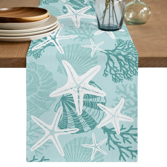 Table Runners 72 Inches Long Dress Scarves, Mint Green Starfish Farmhouse Kitchen/Dining Table Decor Table Runner, Coffee Tablerunners, Coral Shell Ocean Vintage Coastal 13x72 Inch