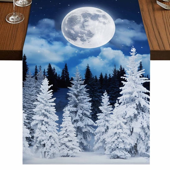 Table Runners 72 Inches Long Dress Scarves, Moonlight Landscapes Farmhouse Kitchen Table Runner, Coffee Tablerunners, Winter Christmas Trees Forest 16x72 Inch