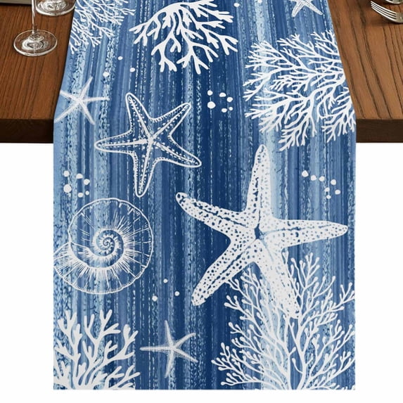 Table Runners 72 Inches Long Dress Scarves, Navy Blue Coastal Farmhouse Kitchen/Dining Table Runner, Coffee Tablerunners, Summer Beach Nautical Starfish Coral Vintage 18x72 Inch