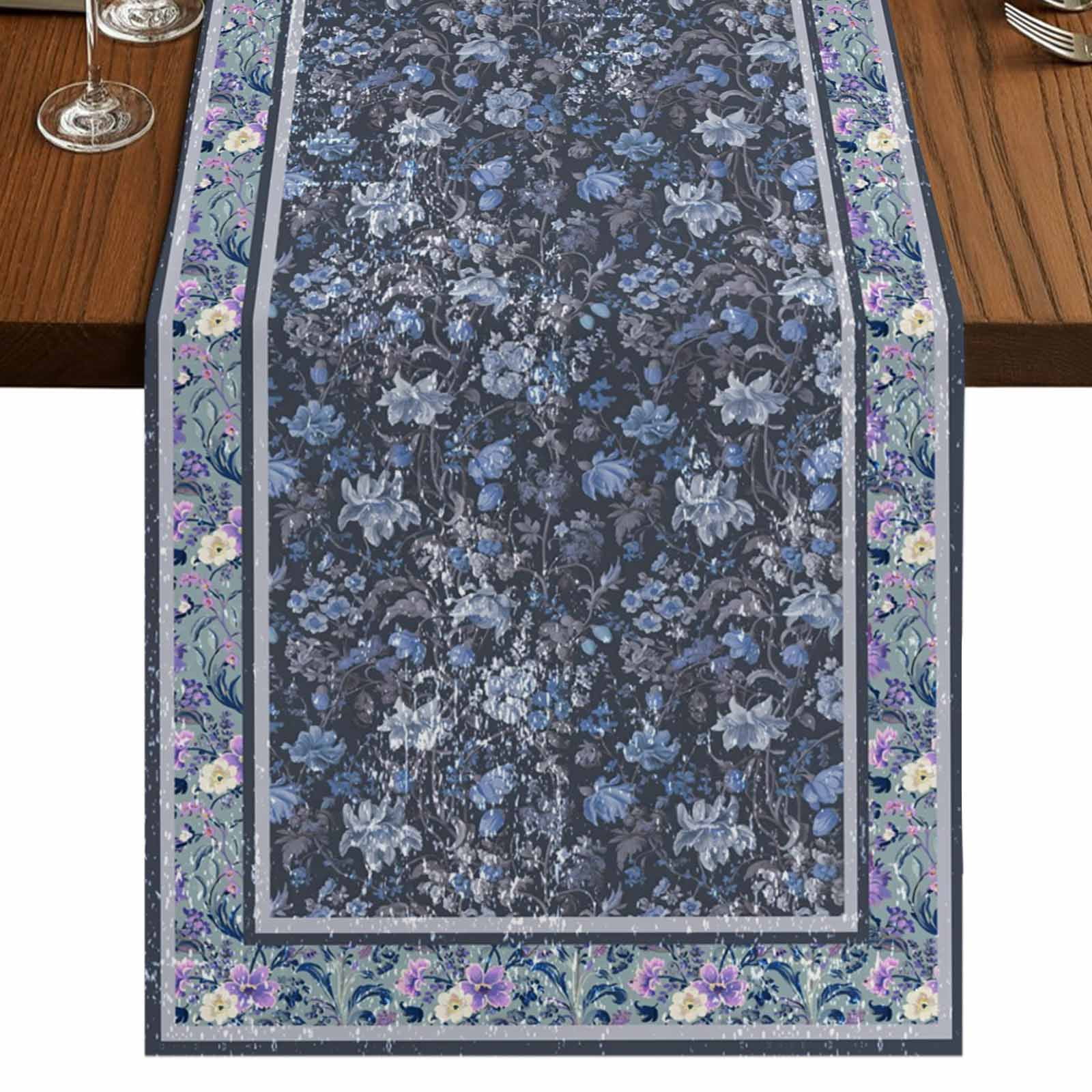 Table Runners 72 Inches Long Dress Scarves, Navy Blue Floral Boho Farmhouse Kitchen/Dining Table Runner, Coffee Tablerunners, Ethnic Tribe Abstract Art Flower 16x72 Inch