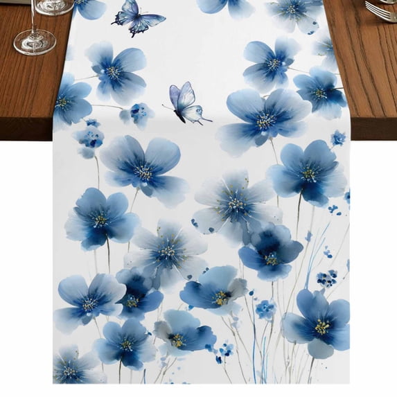 Table Runners 72 Inches Long Dress Scarves, Navy Blue Floral Farmhouse Kitchen Table Runner, Coffee Tablerunners, Spring Flowers Butterflies Watercolor 16x72 Inch