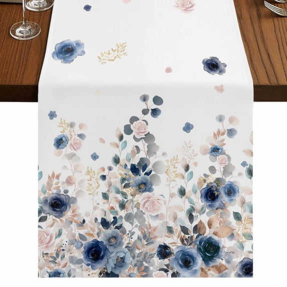 Table Runners 72 Inches Long Dress Scarves, Navy Blue Flowers Farmhouse Kitchen/Dining Table Runner, Coffee Tablerunners, Spring Floral Elegant Pastoral Watercolor 14x72 Inch
