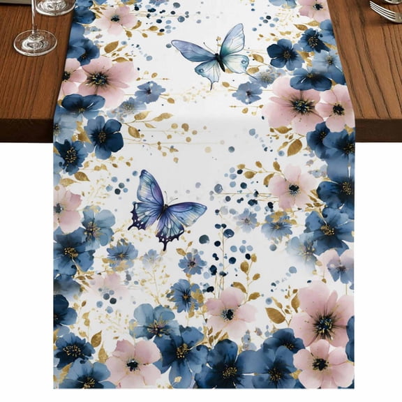 Table Runners 72 Inches Long Dress Scarves, Navy Blue Spring Floral Farmhouse Kitchen/Dining Table Runner, Coffee Tablerunners, Farmhouse Butterfly Watercolor 14x72 Inch