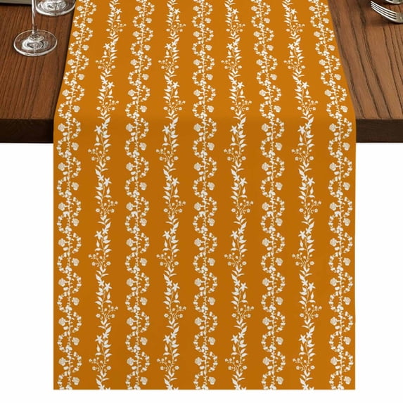 Table Runners 72 Inches Long Dress Scarves, Orange Spring Leaves Farmhouse Kitchen/Dining Table Runner, Coffee Tablerunners, Pastoral Botanical Striped Flowers 14x72 Inch
