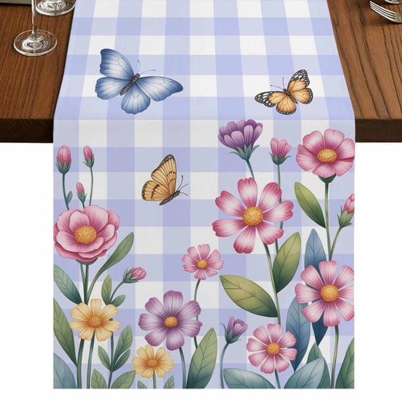 Table Runners 72 Inches Long Dress Scarves, Pink Flowers Farmhouse Kitchen/Dining Table Runner, Coffee Tablerunners, Spring Floral Butterfly Leaves Plants Blue Plaid 16x72 Inch