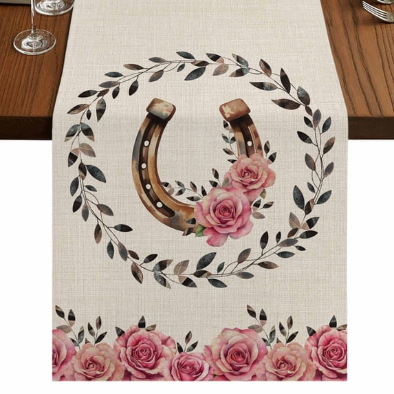 Table Runners 72 Inches Long Dress Scarves, Pink Roses Farmhouse Kitchen/Dining Table Runner, Coffee Tablerunners, Spring Horseshoes Floral Leaves Rustic 14x72 Inch