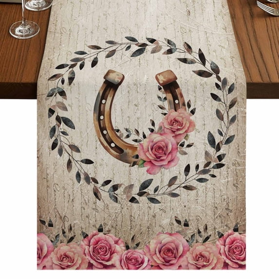Table Runners 72 Inches Long Dress Scarves, Pink Roses Farmhouse Kitchen/Dining Table Runner, Coffee Tablerunners, Spring Horseshoes Floral Leaves Vintage 18x72 Inch
