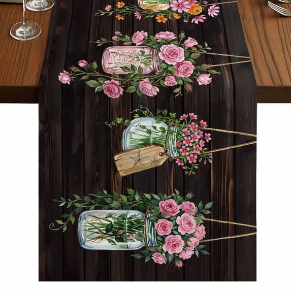 Table Runners 72 Inches Long Dress Scarves, Pink Spring Floral Farmhouse Kitchen/Dining Table Runner, Coffee Tablerunners, Farmhouse Botanical Wooden Retro Art 16x72 Inch
