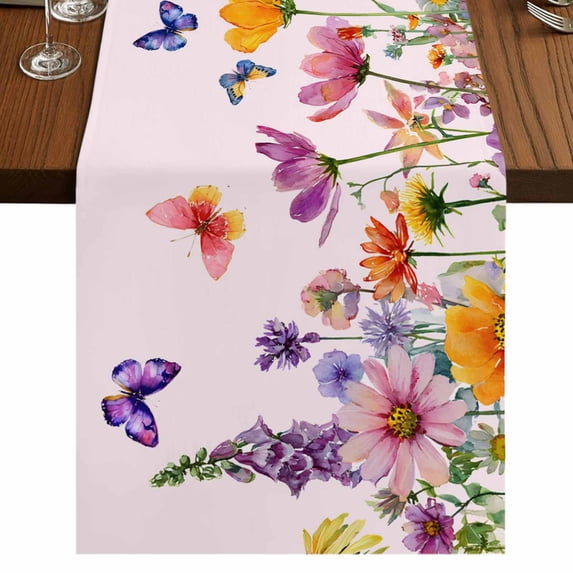 Table Runners 72 Inches Long Dress Scarves, Pink Spring Floral Farmhouse Kitchen/Dining Table Runner, Coffee Tablerunners, Farmhouse Flowers Butterfly Watercolor 16x72 Inch