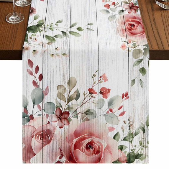 Table Runners 72 Inches Long Dress Scarves, Pink Valentine's Day Farmhouse Kitchen Table Runner, Coffee Tablerunners, Roses Spring Floral Wooden Farmhouse 14x72 Inch
