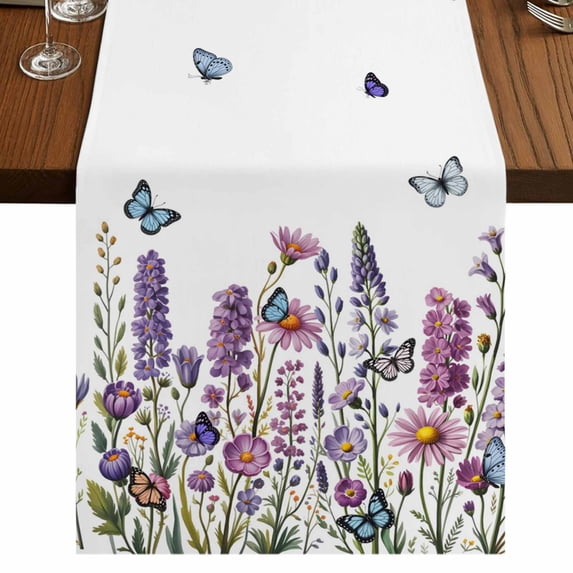 Table Runners 72 Inches Long Dress Scarves, Purple Flowers Farmhouse Kitchen Table Runner, Coffee Tablerunners, Spring Butterflies Lavender Daisy Botanical 16x72 Inch