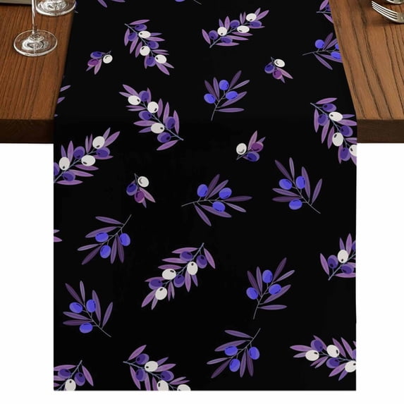 Table Runners 72 Inches Long Dress Scarves, Purple Olive Fruits Farmhouse Kitchen/Dining Table Runner, Coffee Tablerunners, Spring Farm Branches Leaves Plants Black 16x72 Inch