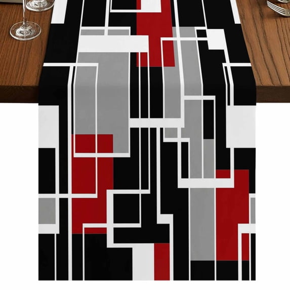 Table Runners 72 Inches Long Dress Scarves, Red Black Geometric Farmhouse Kitchen/Dining Table Runner, Coffee Tablerunners, Modern Color Block Abstract 16x72 Inch