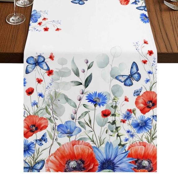 Table Runners 72 Inches Long Dress Scarves, Red Blue Flowers Farmhouse Kitchen/Dining Table Runner, Coffee Tablerunners, Spring Floral Elegant Pastoral Watercolor 14x72 Inch