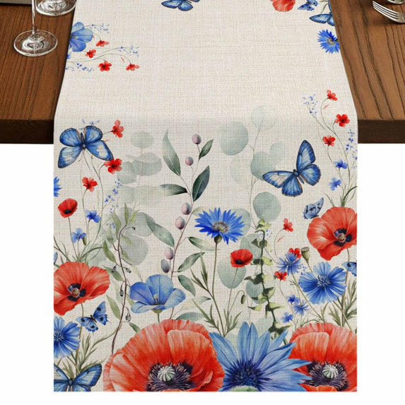 Table Runners 72 Inches Long Dress Scarves, Red Blue Flowers Farmhouse Kitchen/Dining Table Runner, Coffee Tablerunners, Spring Floral Farmhouse Botanical Rustic 18x72 Inch