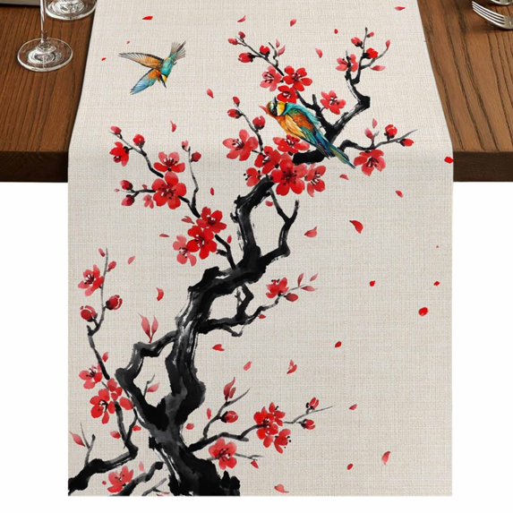 Table Runners 72 Inches Long Dress Scarves, Red Spring Floral Farmhouse Kitchen/Dining Table Runner, Coffee Tablerunners, Birds Branches Watercolor Flowers Rustic 13x72 Inch