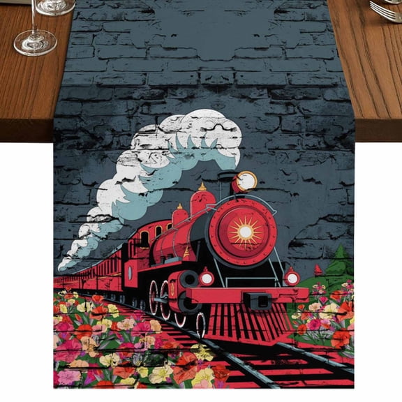 Table Runners 72 Inches Long Dress Scarves, Red Trains Farmhouse Kitchen/Dining Table Runner, Coffee Tablerunners, Shabby Chic Cartoon Retro Flowers Artwork 16x72 Inch