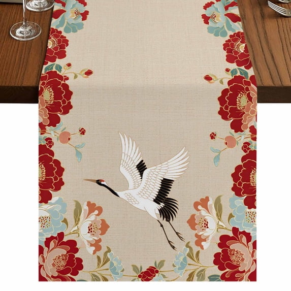 Table Runners 72 Inches Long Dress Scarves, Rustic Crane Farmhouse Kitchen/Dining Table Runner, Coffee Tablerunners, Vintage Red Teal Spring Floral Botanical 16x72 Inch