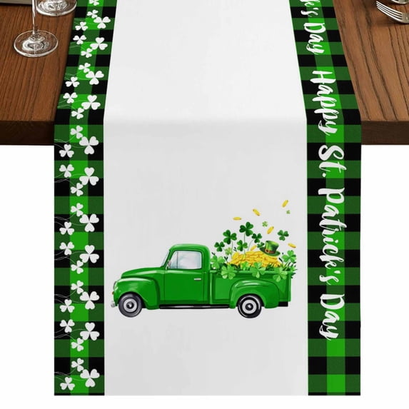 Table Runners 72 Inches Long Dress Scarves, Saint Patrick's Day Farmhouse Kitchen Table Runner, Coffee Tablerunners, Spring Green Lucky Three Grass Truck 16x72 Inch
