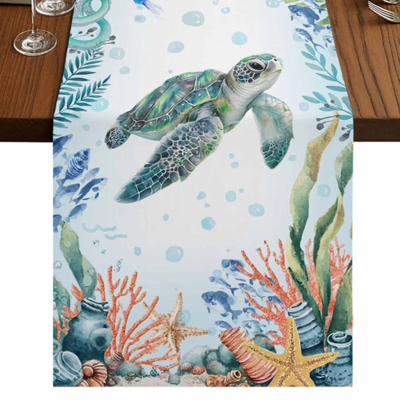 Table Runners 72 Inches Long Dress Scarves, Sea Turtle Coastal Farmhouse Kitchen/Dining Table Runner, Coffee Tablerunners, Summer Nautical Starfish Coral Ocean 14x72 Inch