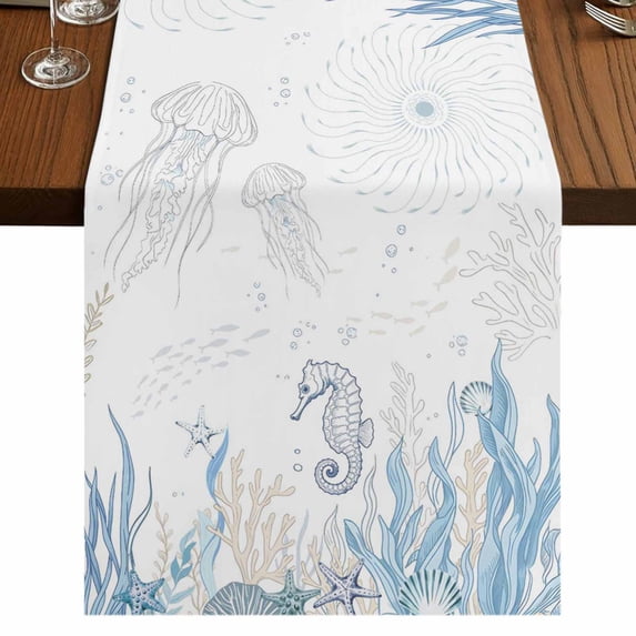 Table Runners 72 Inches Long Dress Scarves, Seahorse Coastal Farmhouse Kitchen/Dining Table Runner, Coffee Tablerunners, Summer Beach Ocean Nautical Coral 14x72 Inch