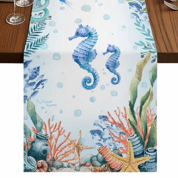 Table Runners 72 Inches Long Dress Scarves, Seahorse Coastal Farmhouse Kitchen/Dining Table Runner, Coffee Tablerunners, Summer Nautical Starfish Coral Ocean 14x72 Inch