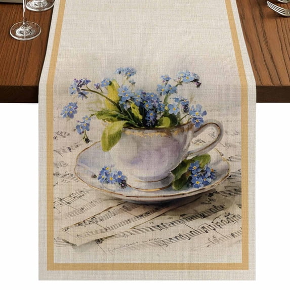 Table Runners 72 Inches Long Dress Scarves, Spring Blue Flowers Farmhouse Kitchen/Dining Table Runner, Coffee Tablerunners, Vintage Tea Cup Phrases Pastoral 18x72 Inch