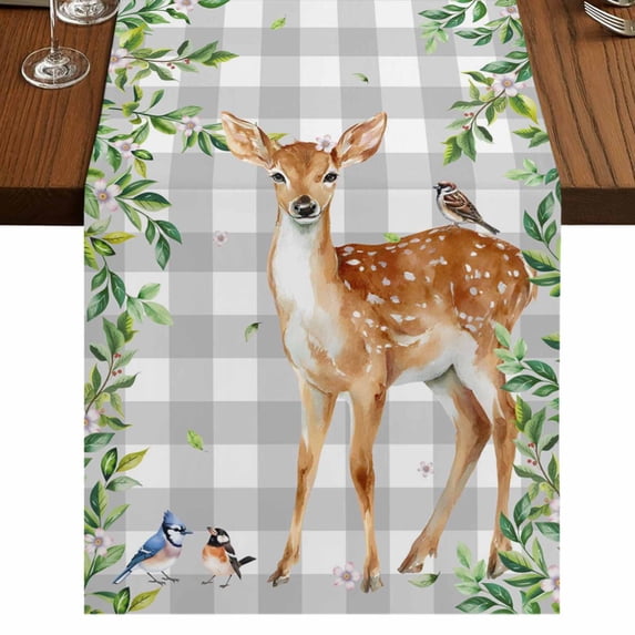 Table Runners 72 Inches Long Dress Scarves, Spring Botanical Farmhouse Kitchen Table Runner, Coffee Tablerunners, Green Leaves Deers Birds Flowers Gray Plaid 14x72 Inch