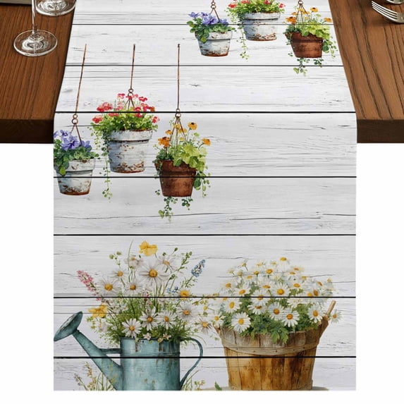 Table Runners 72 Inches Long Dress Scarves, Spring Daisy Farmhouse Kitchen/Dining Table Runner, Coffee Tablerunners, Country Botanical Floral Wooden Grain 18x72 Inch