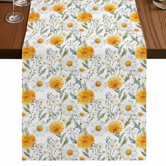 Table Runners 72 Inches Long Dress Scarves, Spring Daisy Farmhouse Kitchen/Dining Table Runner, Coffee Tablerunners, Country Watercolor Yellow White Floral Leaf 16x72 Inch