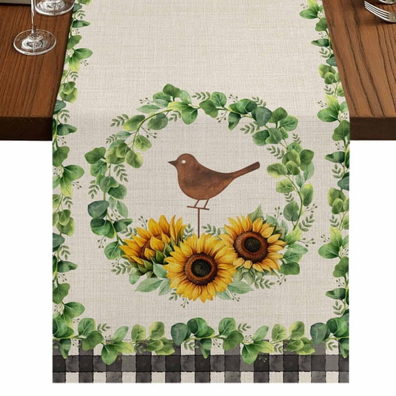 Table Runners 72 Inches Long Dress Scarves, Spring Eucalyptus Sunflower Farmhouse Kitchen/Dining Table Runner, Coffee Tablerunners, Farmhouse Birds Rustic Burlap 16x72 Inch