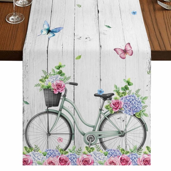 Table Runners 72 Inches Long Dress Scarves, Spring Farmhouse Kitchen/Dining Table Runner, Coffee Tablerunners, Bicycles Botanical Rose Leaves Butterfly Wood Grain 16x72 Inch