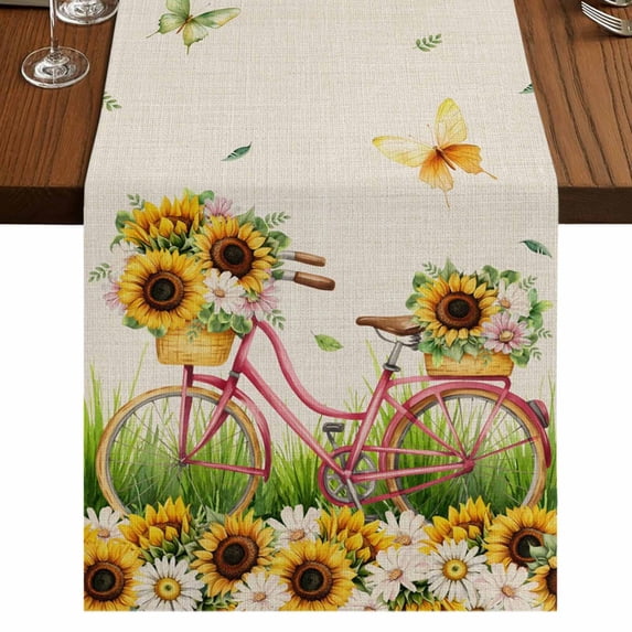 Table Runners 72 Inches Long Dress Scarves, Spring Farmhouse Kitchen/Dining Table Runner, Coffee Tablerunners, Bicycles Botanical Sunflowers Leaves Butterfly 14x72 Inch