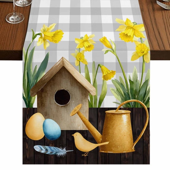 Table Runners 72 Inches Long Dress Scarves, Spring Farmhouse Kitchen/Dining Table Runner, Coffee Tablerunners, Country House Eggs Birds Botanical Floral Plaid 14x72 Inch