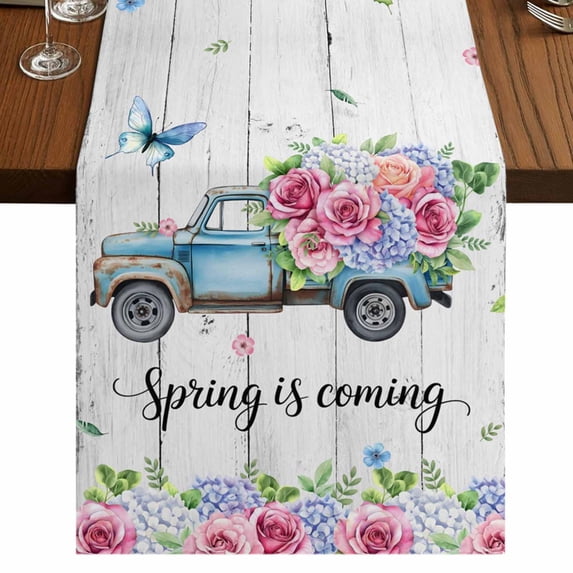 Table Runners 72 Inches Long Dress Scarves, Spring Farmhouse Kitchen/Dining Table Runner, Coffee Tablerunners, Truck Botanical Floral Leaf Butterfly Wooden Grain 13x72 Inch