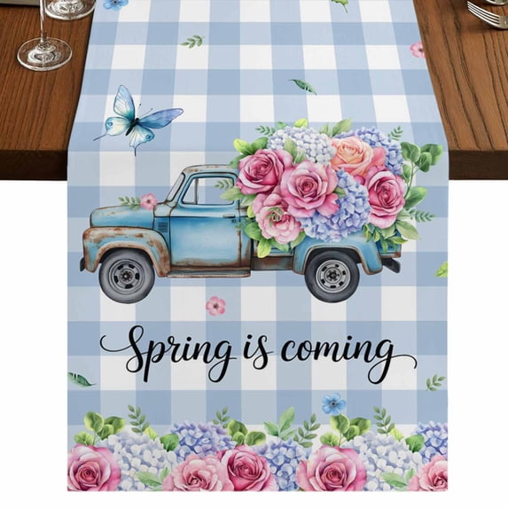 Table Runners 72 Inches Long Dress Scarves, Spring Farmhouse Kitchen/Dining Table Runner, Coffee Tablerunners, Truck Botanical Rose Leaves Blue White Plaid 13x72 Inch