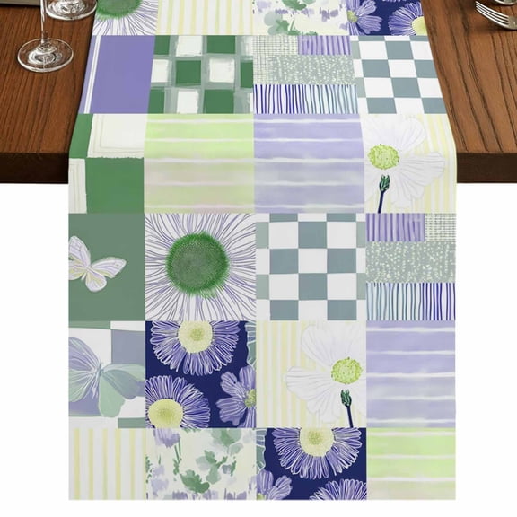 Table Runners 72 Inches Long Dress Scarves, Spring Floral Checkered Farmhouse Kitchen/Dining Table Runner, Coffee Tablerunners, Sage Green Purple Buffalo Plaid 16x72 Inch