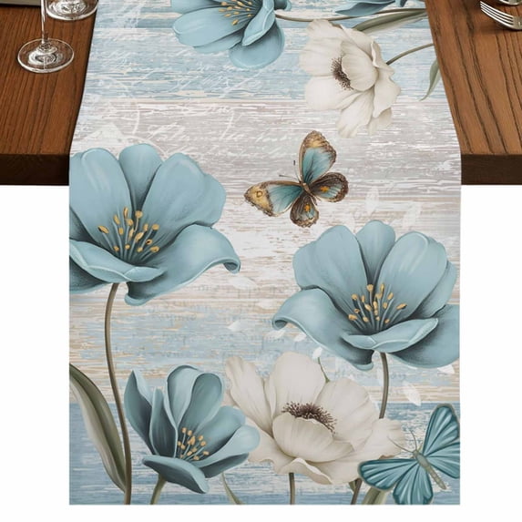 Table Runners 72 Inches Long Dress Scarves, Spring Floral Farmhouse Kitchen/Dining Table Runner, Coffee Tablerunners, Vintage Tulips Flower Butterfly Retro Wood Blue 18x72 Inch