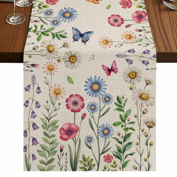 Table Runners 72 Inches Long Dress Scarves, Spring Floral Farmhouse Kitchen Table Runner, Coffee Tablerunners, Pink Blue Flowers Butterfly Rustic 16x72 Inch