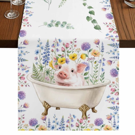 Table Runners 72 Inches Long Dress Scarves, Spring Floral Pig Farmhouse Kitchen/Dining Table Runner, Coffee Tablerunners, Weeping Flowers Leaves Farmhouse Watercolor 16x72 Inch