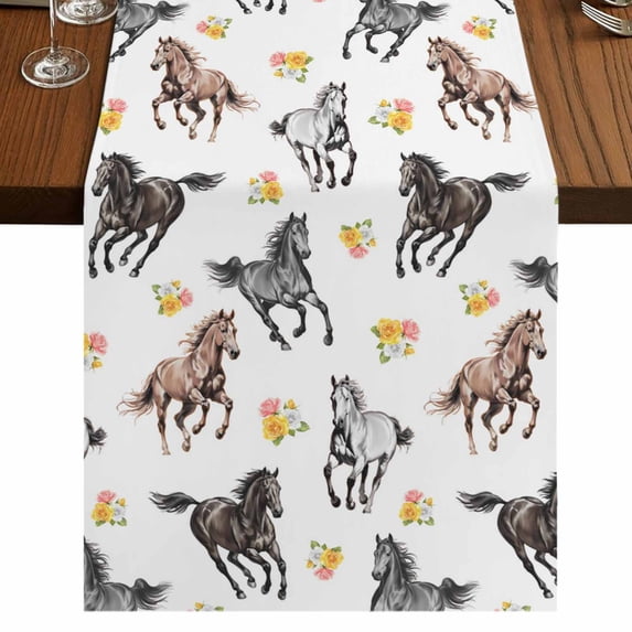 Table Runners 72 Inches Long Dress Scarves, Spring Flowers Farmhouse Kitchen/Dining Table Runner, Coffee Tablerunners, Black Brown White Horse Country Vintage 16x72 Inch