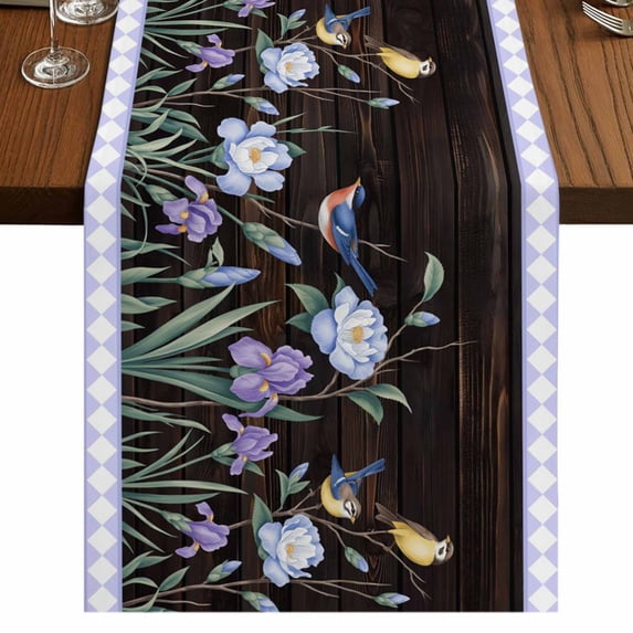 Table Runners 72 Inches Long Dress Scarves, Spring Flowers Farmhouse Kitchen/Dining Table Runner, Coffee Tablerunners, Blue Floral Leaves Birds Country Farm Wood Grain 18x72 Inch