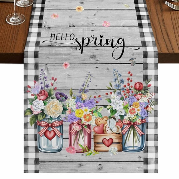 Table Runners 72 Inches Long Dress Scarves, Spring Flowers Farmhouse Kitchen/Dining Table Runner, Coffee Tablerunners, Farmhouse Black Plaid Wood Grain 16x72 Inch