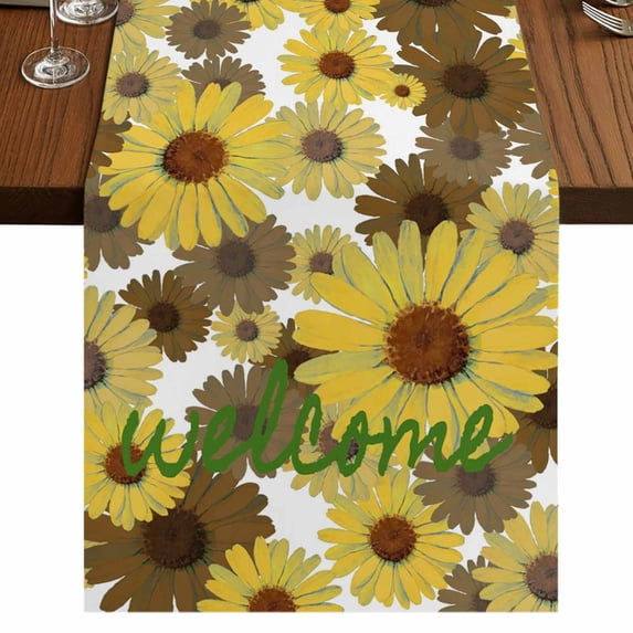 Table Runners 72 Inches Long Dress Scarves, Spring Flowers Farmhouse Kitchen/Dining Table Runner, Coffee Tablerunners, Farmhouse Botanical Brown Yellow Daisy 14x72 Inch