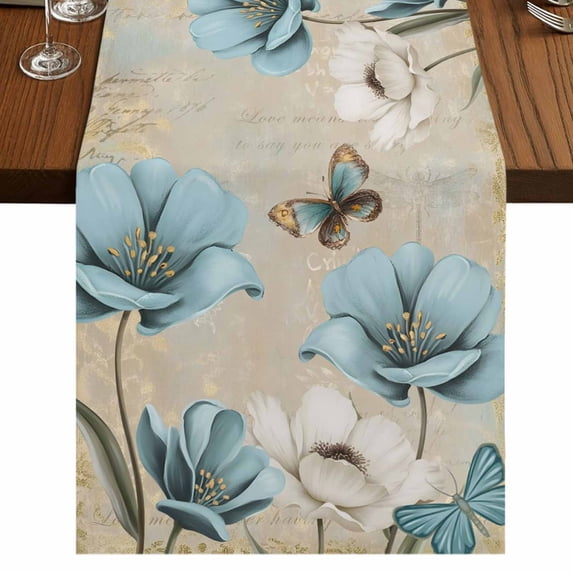 Table Runners 72 Inches Long Dress Scarves, Spring Flowers Farmhouse Kitchen/Dining Table Runner, Coffee Tablerunners, Vintage Rustic Tulips Floral Butterfly Khaki 16x72 Inch