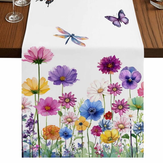 Table Runners 72 Inches Long Dress Scarves, Spring Flowers Farmhouse Kitchen Table Runner, Coffee Tablerunners, Watercolor Butterfly Dragonfly Daisy Country 16x72 Inch