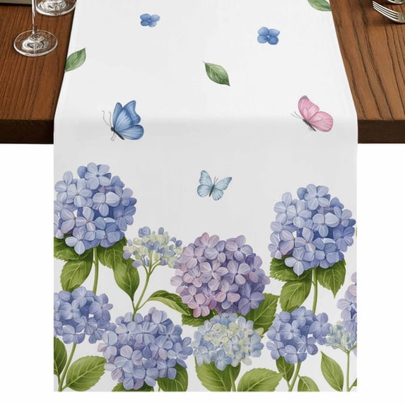 Table Runners 72 Inches Long Dress Scarves, Spring Hydrangeas Farmhouse Kitchen Table Runner, Coffee Tablerunners, Purple Floral Butterfly Leaves 18x72 Inch