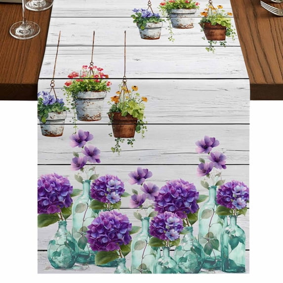 Table Runners 72 Inches Long Dress Scarves, Spring Purple Flowers Farmhouse Kitchen/Dining Table Runner, Coffee Tablerunners, Botanical Vases Pots Floral Wooden 16x72 Inch